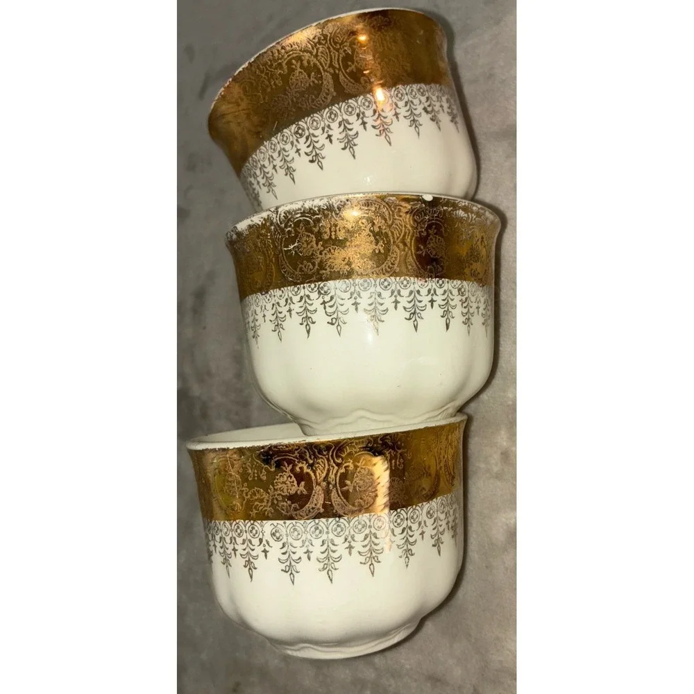 Vintage Vogue Gold Filigree Teacup White Floral 22k Gold Homer Laughlin Lot Of 3
